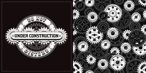 Set of black and white pattern, logo with gears, rivets, text in steampunk st Stock Illustration