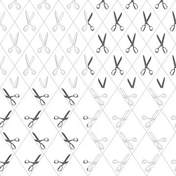 Set of black and white patterns with scissors and cutting line. Stock-Illustration