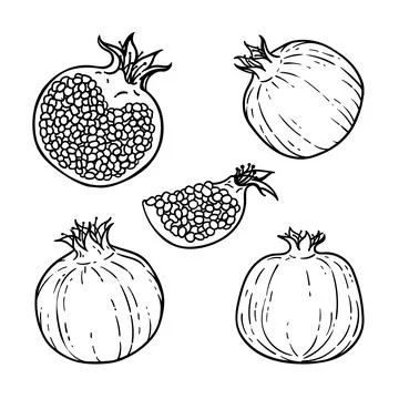Set of Black and white pomegranates. Healthy vegetarian food. Cartoon comic.. Stock Illustration