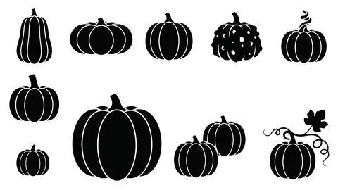 Set of black and white pumpkin icons variety of shapes and sizes representi.. Stock Illustration