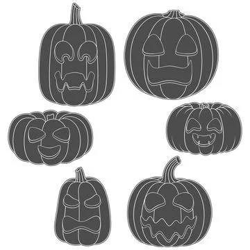 Set of black and white pumpkins with carved faces for Halloween. Stock Illustration