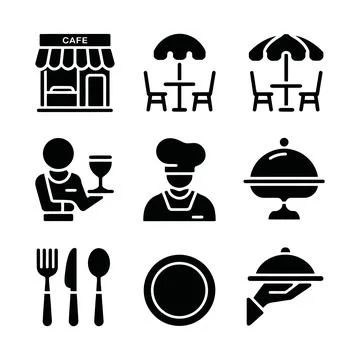 Set of Black and White Restaurant and Dining Icons Isolated on Transparent .. Stock Illustration