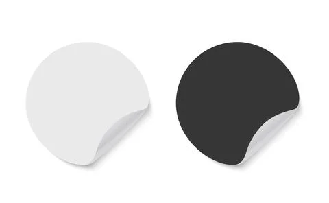 Set of black and white round paper stickers with curled corners and shadow Stock Illustration