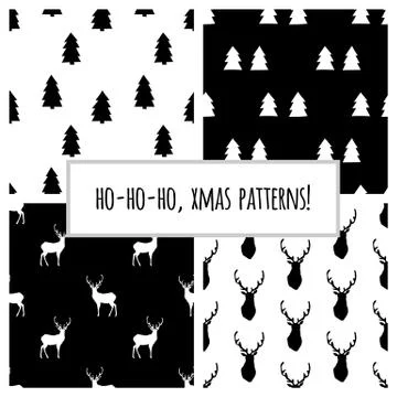 Set of black and white seamless patterns with Christmas trees and deers for Stock Illustration