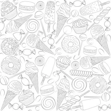 Set of black and white seamless patterns with sweets. Stock Illustration