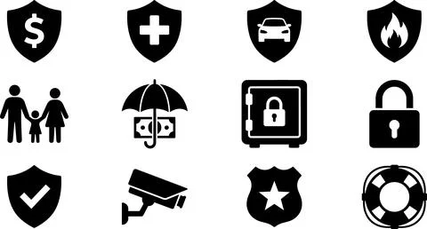 Set of Black and White Security and Protection Icons. Stock Illustration