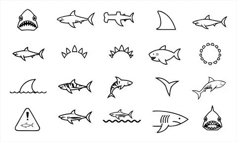 Set of black and white shark fins, and teeth marine ocean predator Stock Illustration