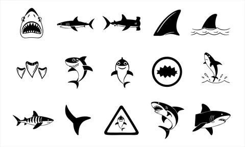 Set of black and white shark silhouettes and marine ocean predator Stock Illustration