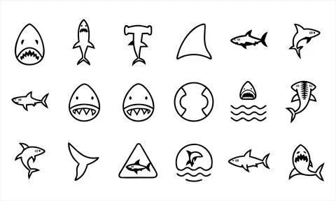 Set of black and white shark silhouettes and symbols marine Stock Illustration
