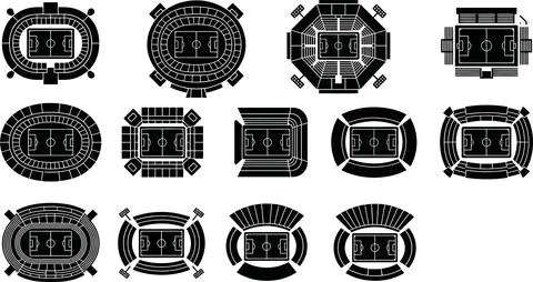Set of black and white silhouettes of various stadium designs, showcasing d.. Stock Illustration
