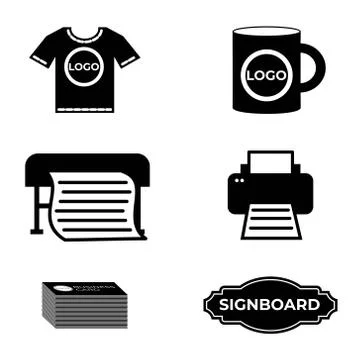 Set of black and white simple icons for polygraphy website Stock Illustration