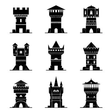 Set of black-and-white tower icons Stock Illustration