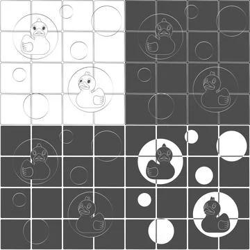 Set of black and white vector backgrounds with rubber ducks and bubbles. Stock Illustration