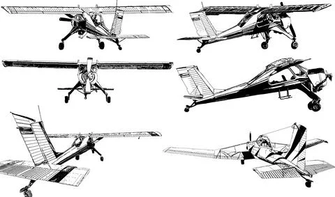 A set of black-and-white vector drawings of small aircraft Stock Illustration
