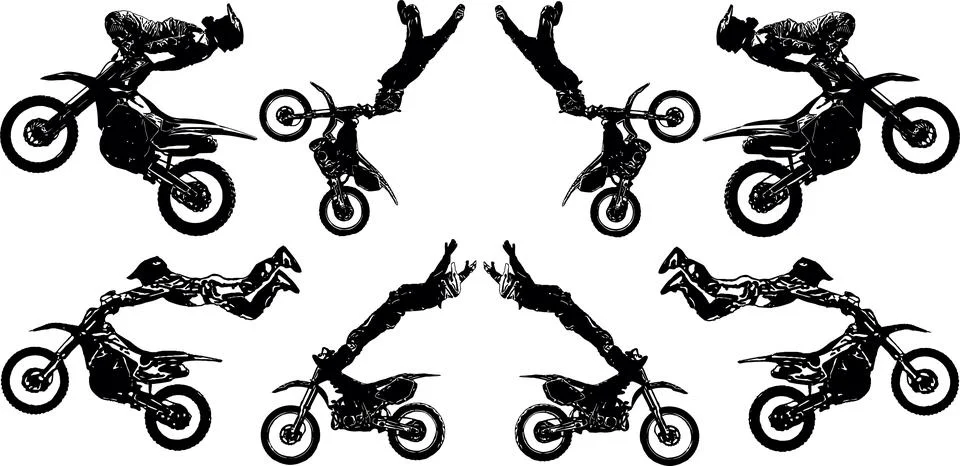 A set of black and white vector images of motorcyclists performing extreme st Stock Illustration