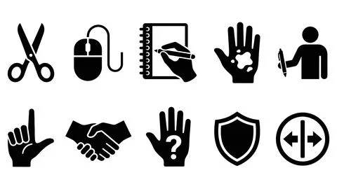Set of black and white vector icons depicting various hands performing diff.. Stock Illustration