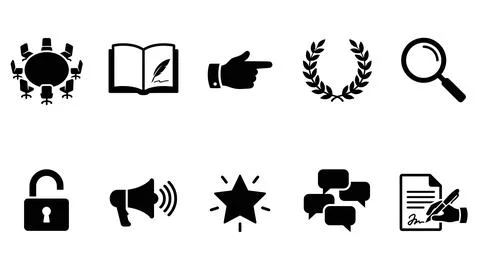 Set of black and white vector icons related to business, communication, and.. Stock Illustration