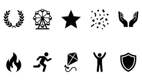 Set of black and white vector icons featuring celebratory, nature, and acti.. Illustrazione stock