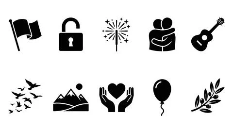 Set of black and white vector icons related to patriotism, security, celebr.. Stock Illustration