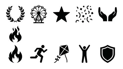 Set of black and white vector icons featuring celebration, nature, and acti.. Stock Illustration