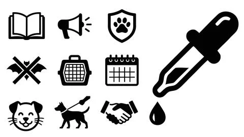 Set of black and white vector icons related to pets and pet care, including.. Stock Illustration