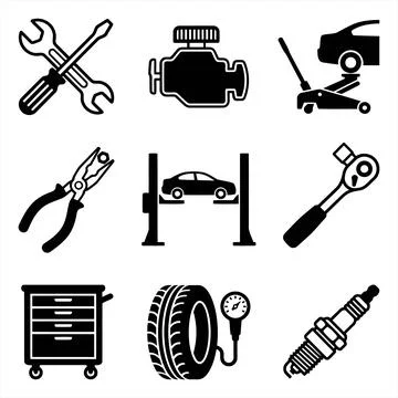 Set of Black and White Vector Icons Depicting Automotive Repair Tools and S.. Иллюстрация