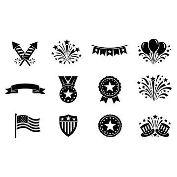 Set of Black and White Vector Icons for Patriotic Events and National Holiday Illustration