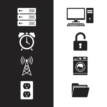 Set of black and white vector icons representing technology, security, and .. Stock Illustration