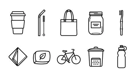 Set of black and white zero waste icons showing reusable coffee cup, straw,.. Stock Illustration