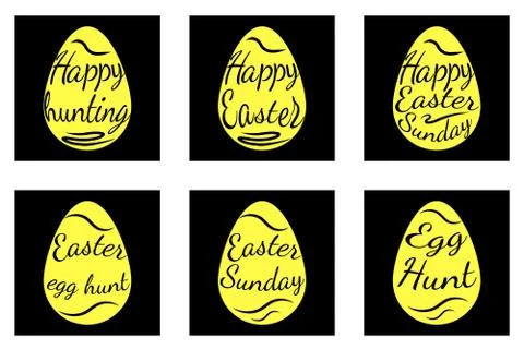 A set of black and yellow easter eggs decorated with text Stock Illustration