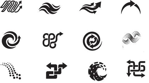Set of black arrow icons and abstract dynamic shapes Stock Illustration