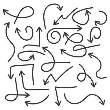 Set of black arrow signs. Flat arrows of various shapes. Vector. Stock Illustration