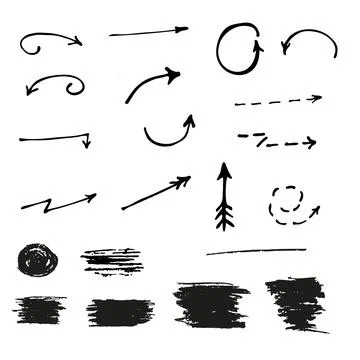 Set of black arrows and spots drawn by hand Illustrazione stock