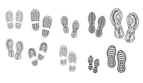 Set of black athletic shoe footprints and sneaker treads illustration on white Stock Illustration