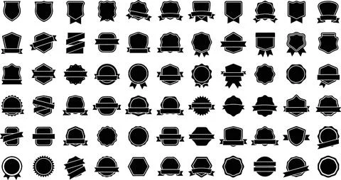 Set of black badges with ribbon. different shapes isolated on a transparent.. Stock Illustration