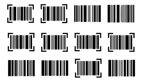 Set of black barcode symbols with scanning frame and retail product codes on Stock Illustration