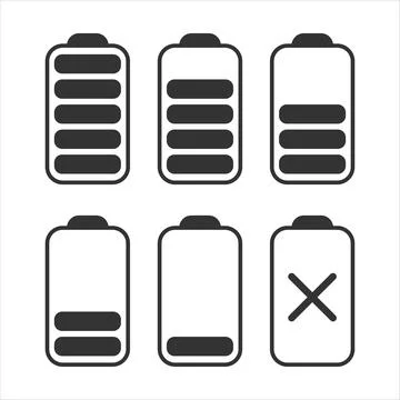 Set of black batteries of different charge on white background. Vector illust Stock Illustration
