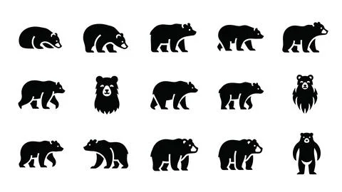 Set of black bear silhouettes in different standing and walking poses. Stock Illustration