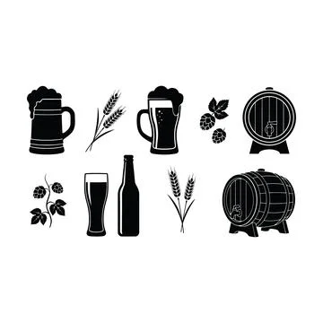 Set of black beer-related featuring mugs, glasses, wheat stalks, hops, and .. Stock Illustration