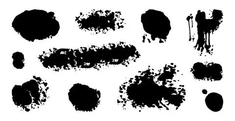 Set of black Blots on white background. Abstract paint Stains with splashes.. Stock Illustration