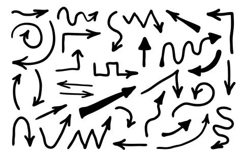 Set of black bold grunge doodle hand drawn arrows isolated on white. Sketch Stock Illustration