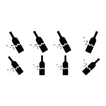 Set of black broken bottle silhouettes of shattered glass on a white backgrou Stock Illustration