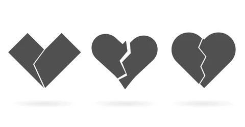 Set of black broken hearts of different shapes with holes and shadow. Vector Stock Illustration