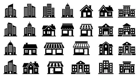 Set of black building icons representing residential Ilustración de archivo