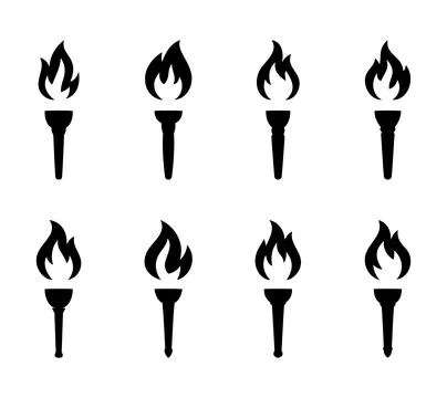 Set of black burning torch icons. Flat vector flame symbols for sports, protest Illustrazione stock