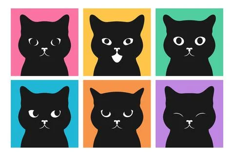 Set of black cat faces with different emotions. Cat portraits set Stock Illustration