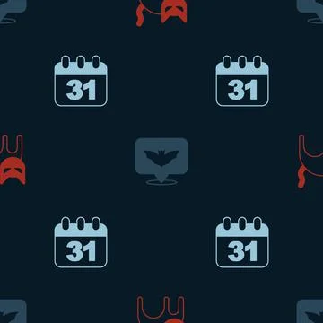 Set Black cat, Flying bat and Halloween date 31 october on seamless pattern Stock Illustration