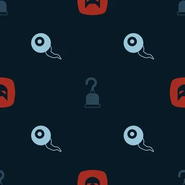 Set Black cat, Pirate hook and Eye on seamless pattern. Vector Stock Illustration