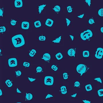 Set Black cat, Pumpkin, Flying bat and Boo speech bubble on seamless pattern Stock Illustration