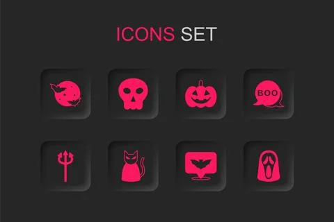 Set Black cat, Skull, Moon and stars, Flying bat, Boo speech bubble, Funny .. Illustrazione stock